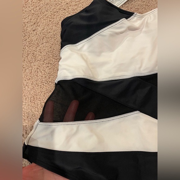 Women's Asymmetrical Padded Balck & White Mesh Insert OnePiece Swimsuit - Picture 7 of 7